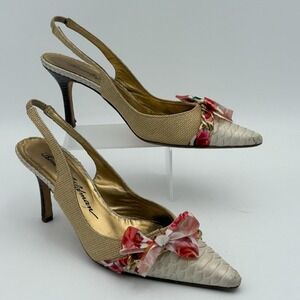 Beverly Feldman Spain‎ Sz 8 Slingback Heels Python Floral Bow Chain Vintage